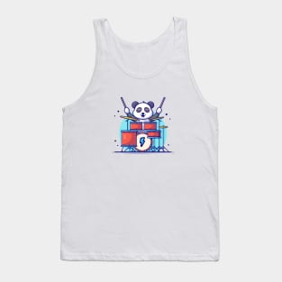 Cute Panda Playing Drum with Stick Music Cartoon Vector Icon Illustration Tank Top